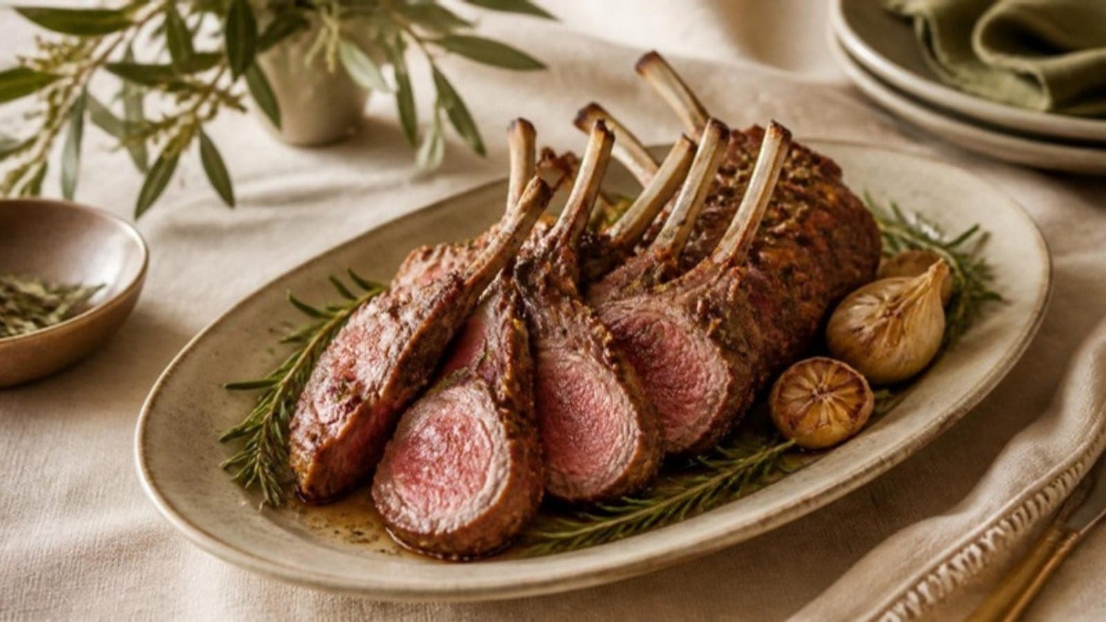 Rack of lamb sliced into chops with rosemary